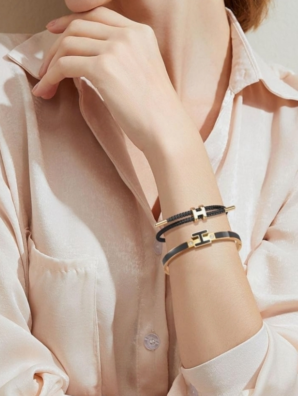 2pcs 18k Gold Plated H Bangle and H Wire Rope Bracelet Set